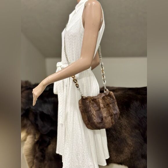 Natural Brown Handmade Real Mink Fur Half Moon Shoulder Bag/Crossbody - Picture 5 of 16